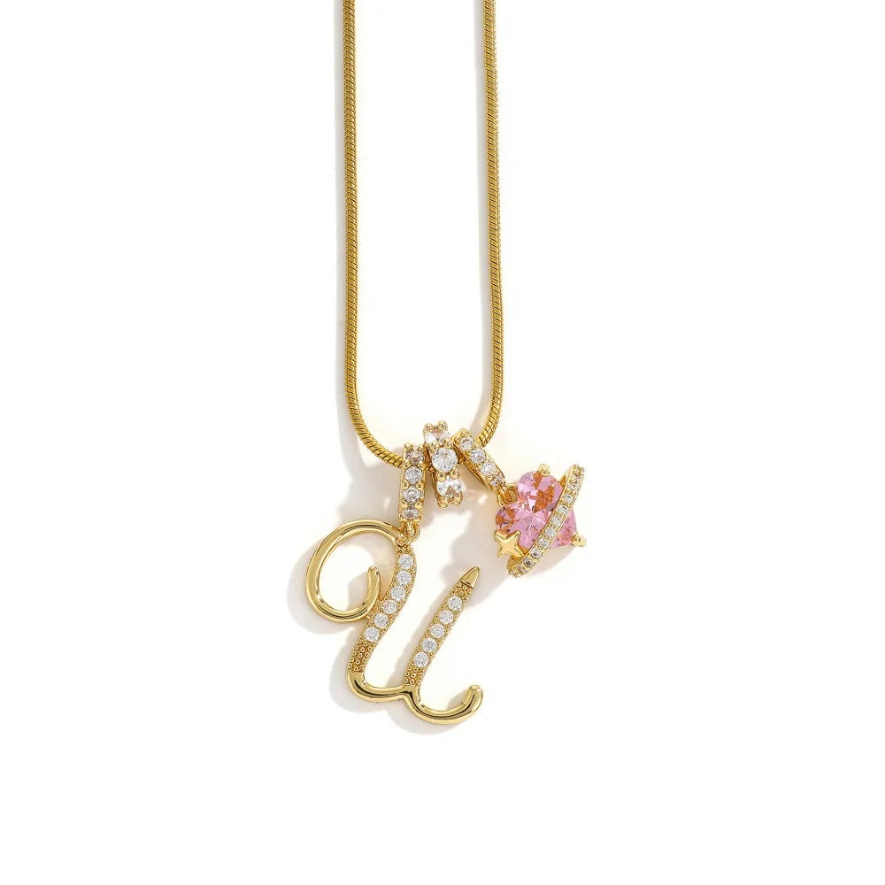 Gold Zircon Flower Letter Necklace - A-Z Alphabet Pendant Jewelry Gift for Women