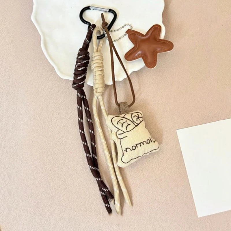 Kawaii Cartoon Linen Embroidery Coffee Bread Keychain - Cute Leather Heart Pendant Bag Charm Car Keychain Accessory