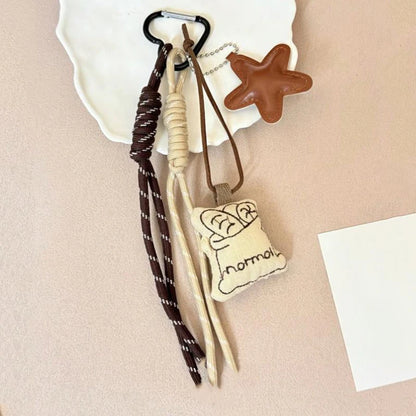 Kawaii Cartoon Linen Embroidery Coffee Bread Keychain - Cute Leather Heart Pendant Bag Charm Car Keychain Accessory