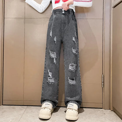 New 2024 Teenage Girls’ Blue Street Cartoon Jeans – Elastic Mid-Waist Loose Wide-Leg Denim Pants for Spring Fashion
