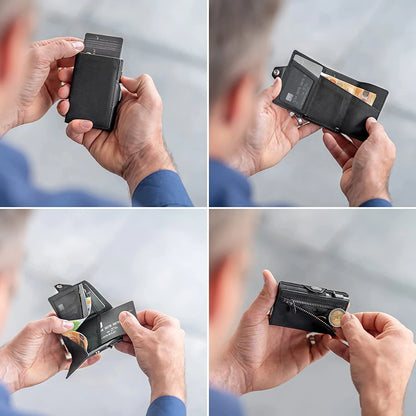 Pop-Up Credit Card Case with RFID Protection – Genuine Leather Wallet for Men & Women, Compartment for Notes and Coins
