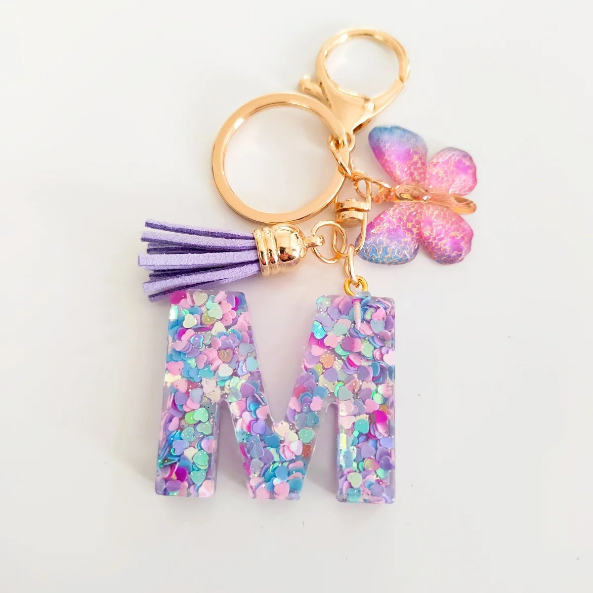 Butterfly Fringe Initial Keychain - Sequin A-Z Letter Bag Charm for Women, Students & Gifts