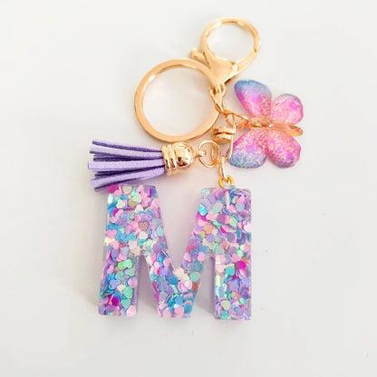 Butterfly Fringe Initial Keychain - Sequin A-Z Letter Bag Charm for Women, Students & Gifts