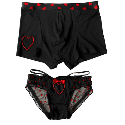 Heart Printed Couple Underwear - Sexy Low Waist Briefs for Women & Men, Breathable Boxer Panties, Boyfriend Girlfriend Lingerie