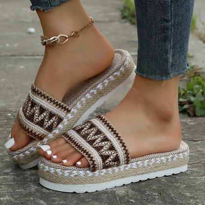 Bohemian Weave Women's Platform Slippers – Handmade Espadrille Sandals, Summer 2023 Beach & Casual Heels