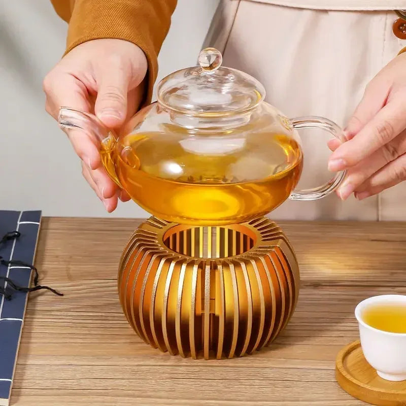 Gold Hollow Aluminum Alloy Teapot Warmer – Candle Base Heater for Coffee, Tea, and Milk Pots