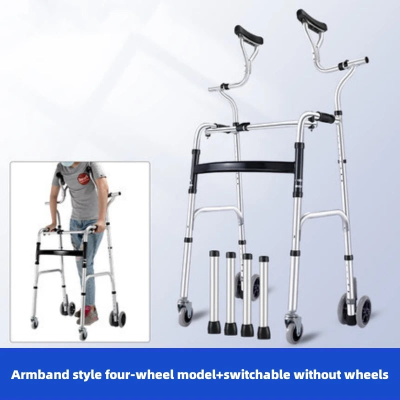 Elderly Rehabilitation Walker – Underarm Crutch Walking Stick Rollator with Aluminum Alloy Standing Frame for Disabled Mobility Support