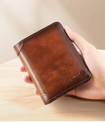 Genuine Leather Men’s Wallet – RFID Blocking Trifold, Vintage Thin ID & Credit Card Holder, Multi-Function Purse