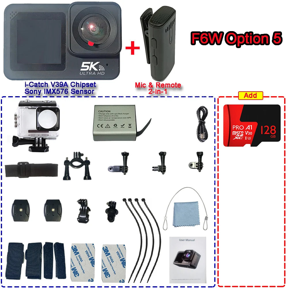 F6W Action Camera — 5K/4K60FPS, 48MP, 2.2" Touch LCD, EIS, Dual Screen, Wi-Fi, 170° Waterproof 30M, 8X Zoom Sports Camera with Wireless Mic