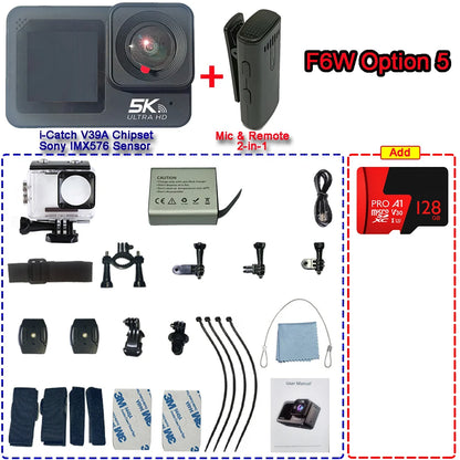 F6W Action Camera — 5K/4K60FPS, 48MP, 2.2" Touch LCD, EIS, Dual Screen, Wi-Fi, 170° Waterproof 30M, 8X Zoom Sports Camera with Wireless Mic