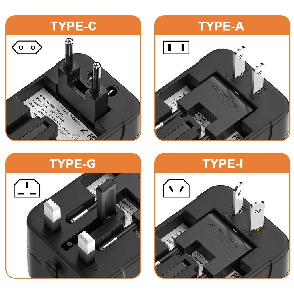 International Travel Adapter with USB-A QC18W & Type-C PD20W Fast Charger – Universal Wall Charger for UK, EU, AU, US Plugs