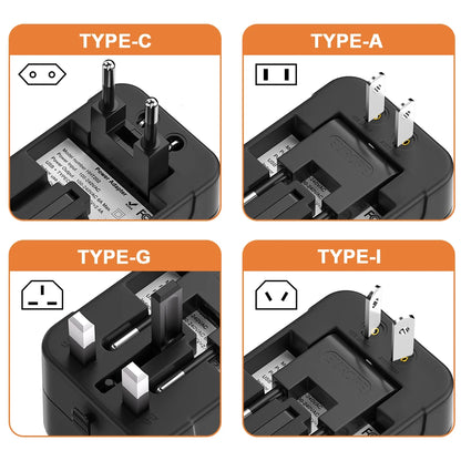 International Travel Adapter with USB-A QC18W & Type-C PD20W Fast Charger – Universal Wall Charger for UK, EU, AU, US Plugs