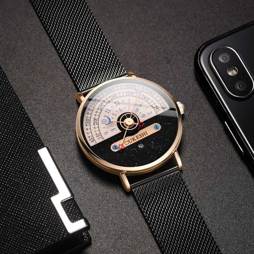 Men’s Fashion Mesh Band Quartz Watch — Business Wristwatch with Calendar Reloj Hombre
