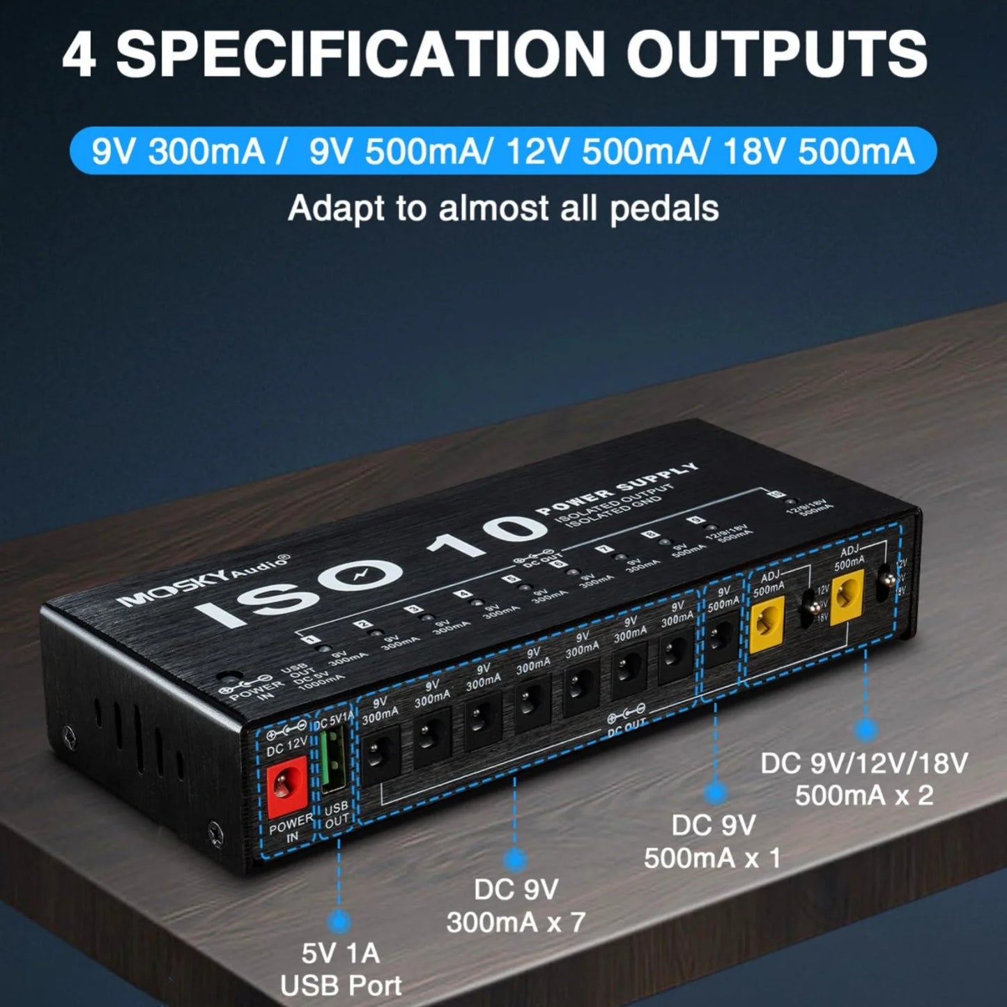 MOSKY ISO-10 Guitar Pedal Power Supply – 10 Isolated DC Outputs, 5V USB Output for 9V, 12V, 18V, Protection for Guitar Accessories