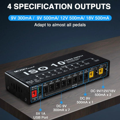 MOSKY ISO-10 Guitar Pedal Power Supply – 10 Isolated DC Outputs, 5V USB Output for 9V, 12V, 18V, Protection for Guitar Accessories