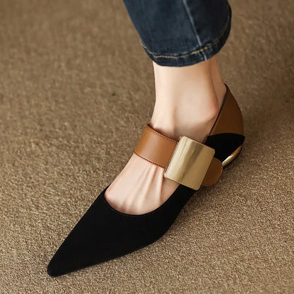 2023 Spring Women’s Suede High Thick Heel Pumps – Black & Apricot Square Toe with Metal Decoration, Elegant Lady Shoes