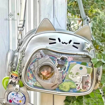 Y2K Korean Kawaii Cat Ita Bag — Cute PU Transparent Shoulder & Crossbody Bag for Girls, Harajuku Style Backpack