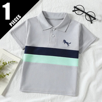 Boys' Striped Polo T-Shirt - Casual Short-Sleeve Lapel Top for Kids