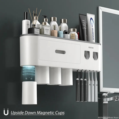 MENGNI Magnetic Inverted Toothbrush Holder with Automatic Toothpaste Squeezer - Wall-Mounted Storage Rack for Bathroom Accessories