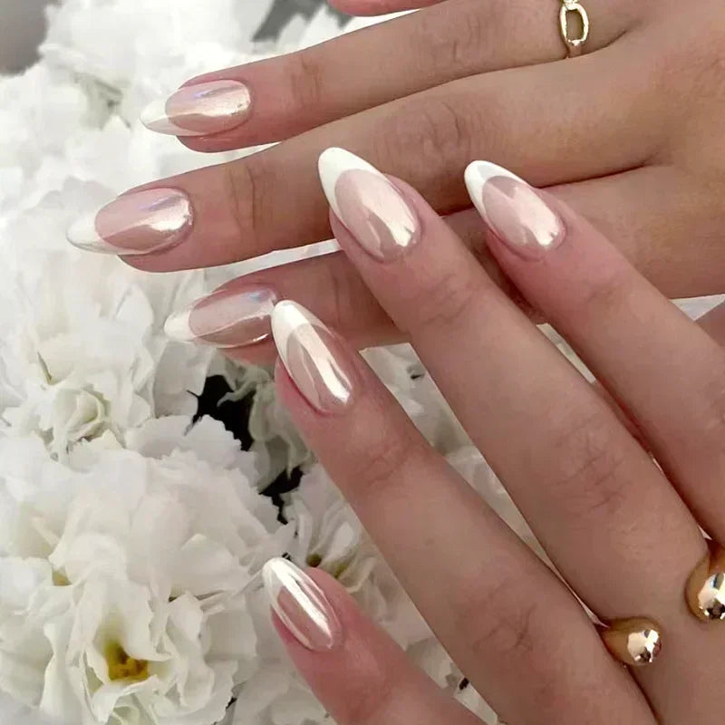 24Pcs French Press On Nails - Almond Fake Nail Tips with Glue, White Edge Design & Pink Stiletto Style Manicure Set