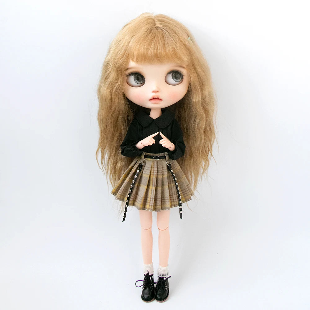 Blythe Doll Clothes Plaid Pleated Skirt & Off-Shoulder Top Tulle Dress Set — Ruffle Skirt for Licca, Azone, OB22, YMY Doll Accessories