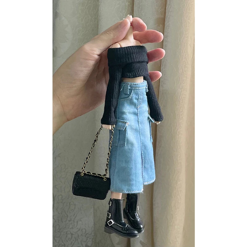Handmade Blythe Doll Clothes – Off-Shoulder Sweater & Split Denim Long Skirt Mini Dress for 1/6 OB24 Dolls