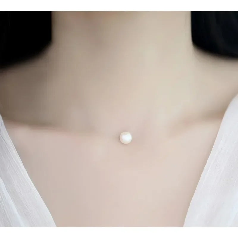 Transparent Fishing Line Pearl Necklace – Simple Round Bead Choker Pendant, Delicate Short Necklace for Women