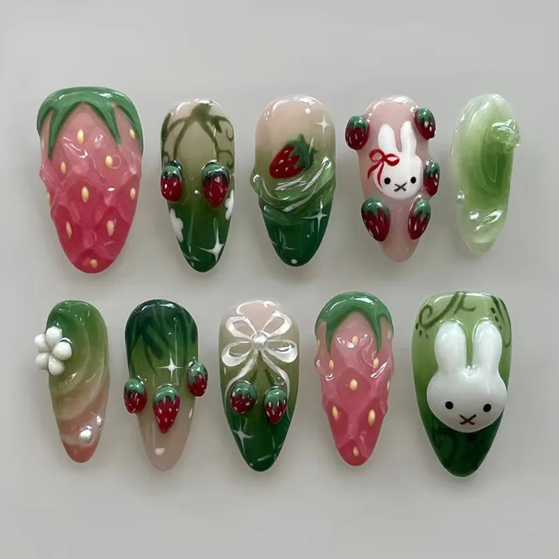 24PCS Strawberry Bow Press On Nails - Red Short Almond Pearl Starlight Floral False Nail Art Tips