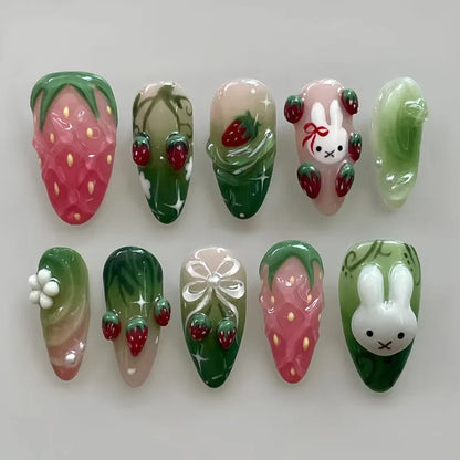 24PCS Strawberry Bow Press On Nails - Red Short Almond Pearl Starlight Floral False Nail Art Tips