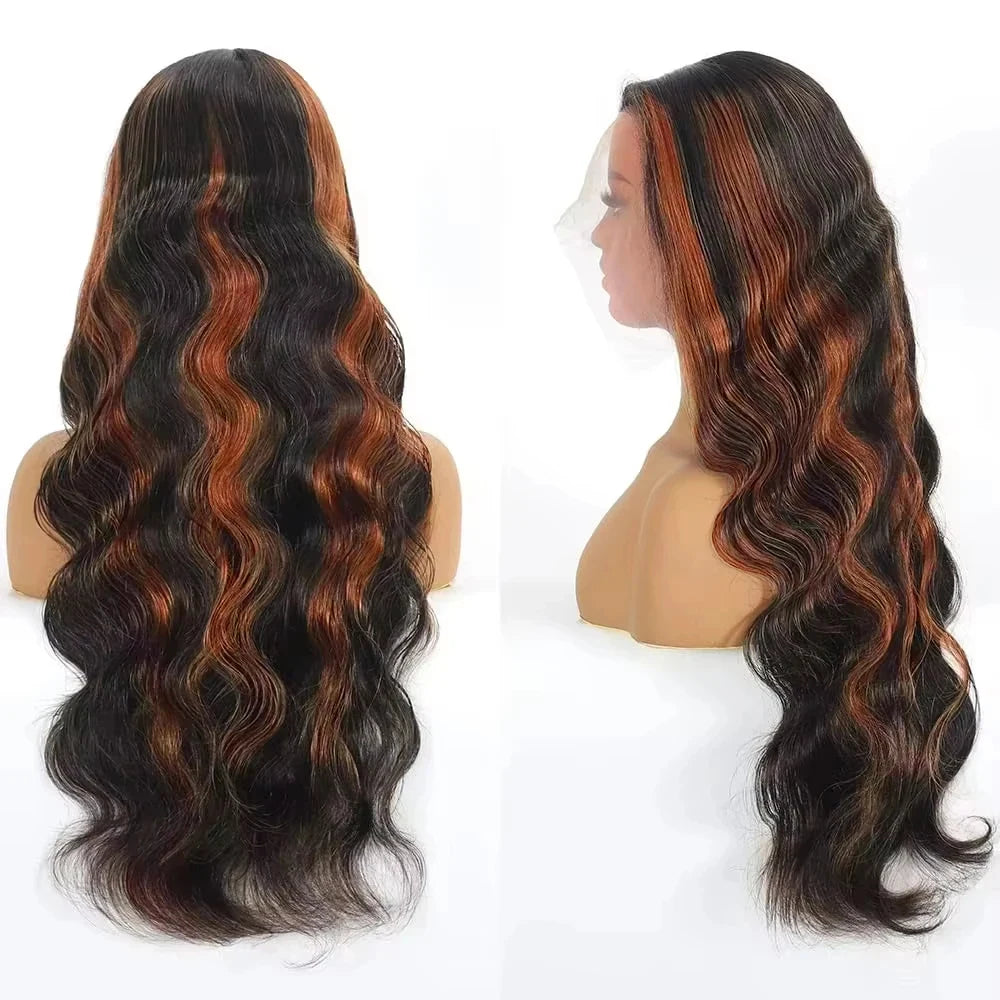 30 Inch Brazilian Body Wave Highlight Ombre Wig – 13x4 Lace Front, 1B/30 Black Brown Human Hair Wig for Women