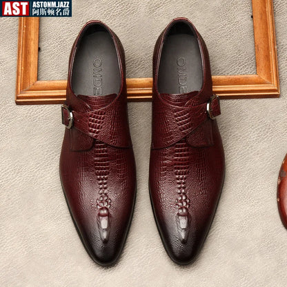 Men’s Genuine Leather Oxford Shoes - Handmade Crocodile Pattern Formal Wedding Business Dress Shoes in Black or Blue