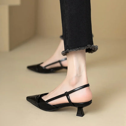 2024 Summer French Wine Red Pointed Patent Leather Mid-Heel Sandals for Women - Retro Skinny Heel