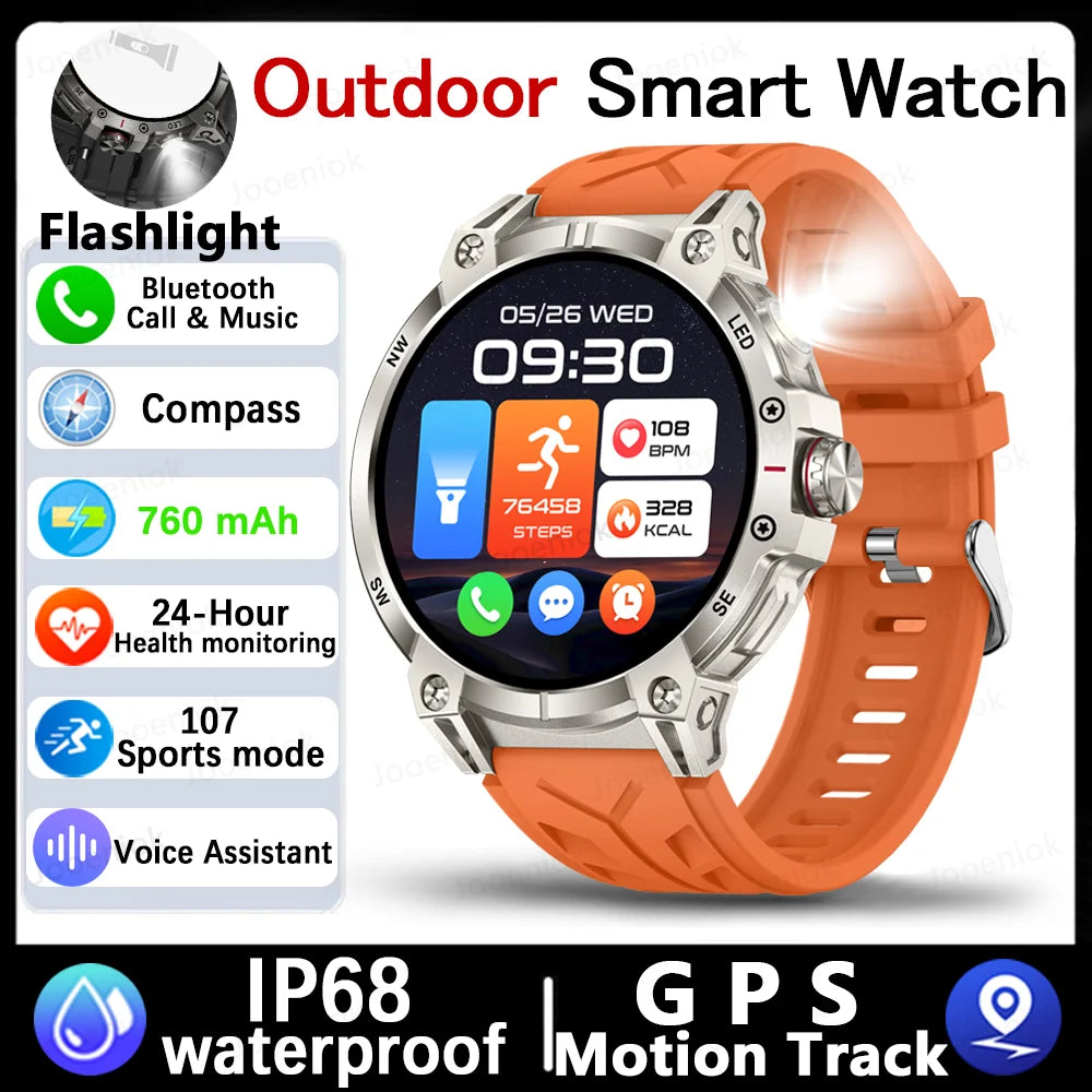 Military Smartwatch for Men – 760mAh Battery, LED Flashlight, Compass, 1.8" HD Screen, Heart Rate, Waterproof, BT Call