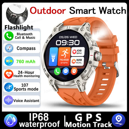 Military Smartwatch for Men – 760mAh Battery, LED Flashlight, Compass, 1.8" HD Screen, Heart Rate, Waterproof, BT Call