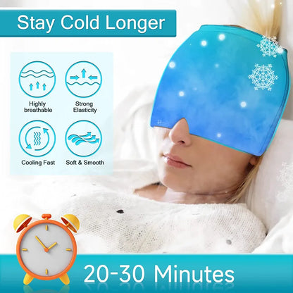 Form Fitting Gel Ice Headache Relief Hat - Cold Compress Therapy Cap for Migraine - Ice Head Wrap Mask for Sinus & Stress