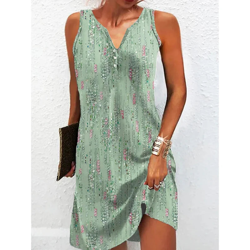 2023 Women's Summer Boho Mini Dress – Vintage Floral Print, V-Neck, Sleeveless Button, Plus Size Vestidos