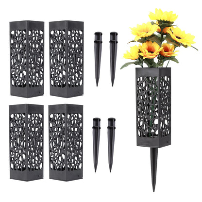 1/2/4PCS Cemetery Vase Decorations – Black Plastic Hollow Flower Holder with Long Spike, 7.28x2.17x2.17 Inch for Grave Markers