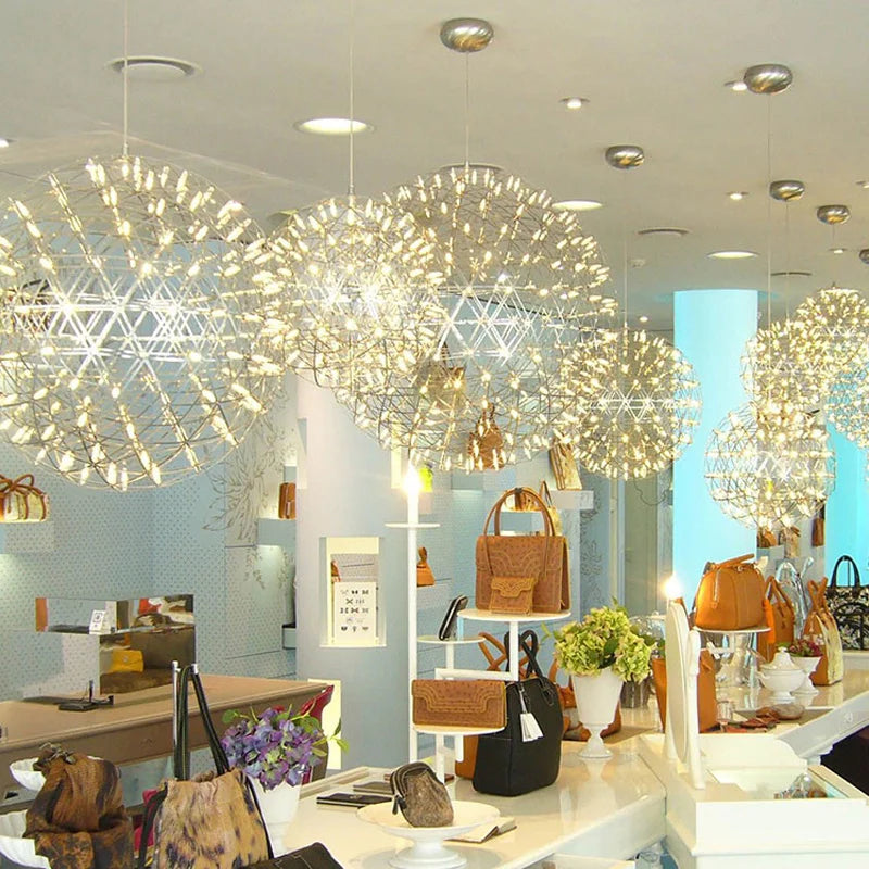 Italy Designer Spark Ball LED Chandelier – Stainless Steel Firework Pendant Lamp with Remote for Loft Living Room Decor
