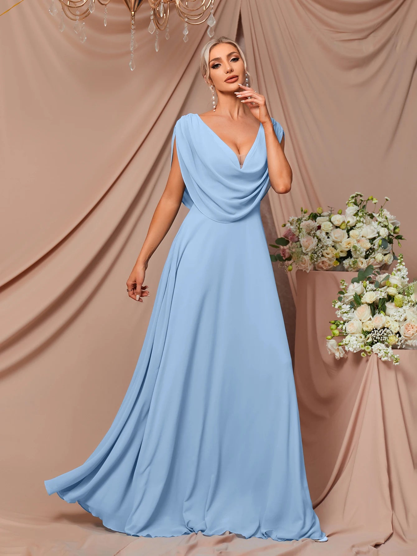 Women’s Sky Blue V-Neck Dress – Elegant Casual & Party Outfit