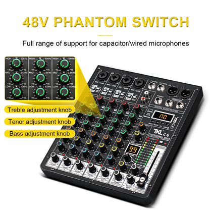 TKLBLS Professional 6 Channel Audio Mixer – 99 DSP Effects, 48V Phantom Power, USB, Bluetooth DJ Console for Studio & Karaoke