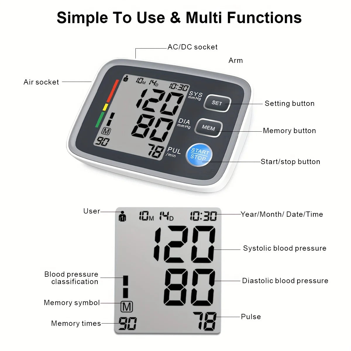 Adjustable Cuff Automatic Upper Arm Blood Pressure Monitor – Household Digital Electronic Sphygmomanometer