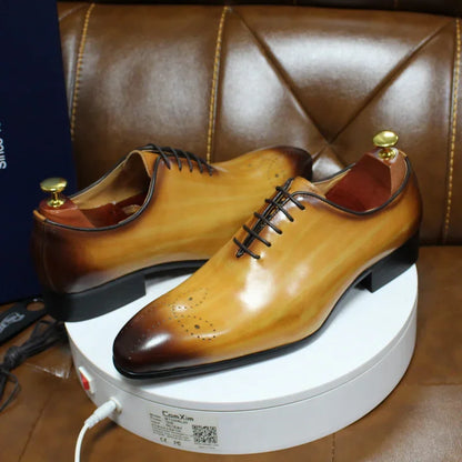 Men’s Genuine Leather Oxford Shoes - Whole Cut Pointed Toe Lace-Up Formal Business and Wedding Dress Shoes