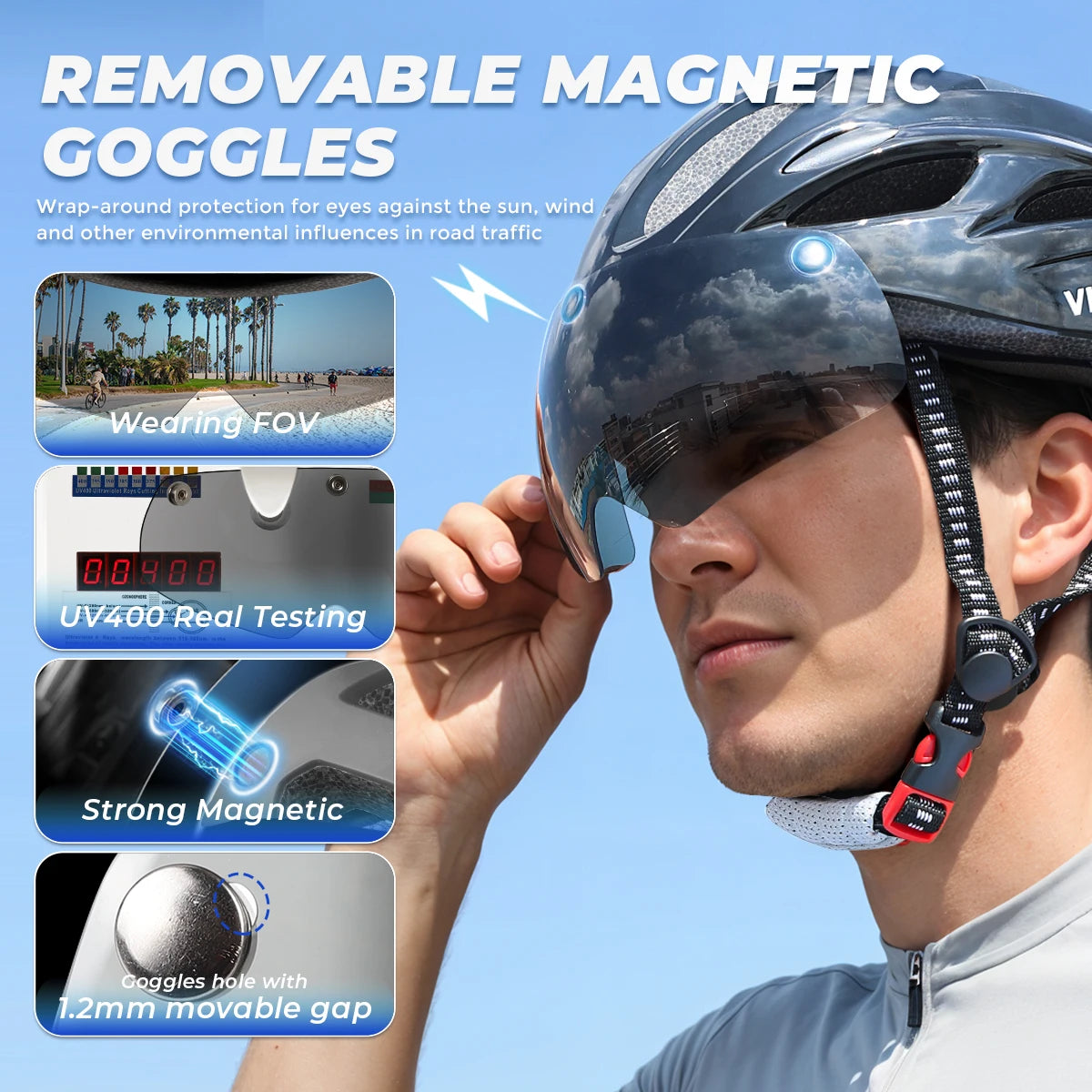 VICTGOAL Cycling Helmet for Men – MTB & Electric Scooter Safety Helmet with LED Taillight, Magnetic Goggles & UV400 Sun Visor