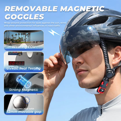 VICTGOAL Cycling Helmet for Men – MTB & Electric Scooter Safety Helmet with LED Taillight, Magnetic Goggles & UV400 Sun Visor