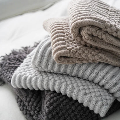 White Boho Throw Blanket – Textured Chunky Knitted Vintage Luxury Bedspread, Sofa Cover Manta Para Sofá