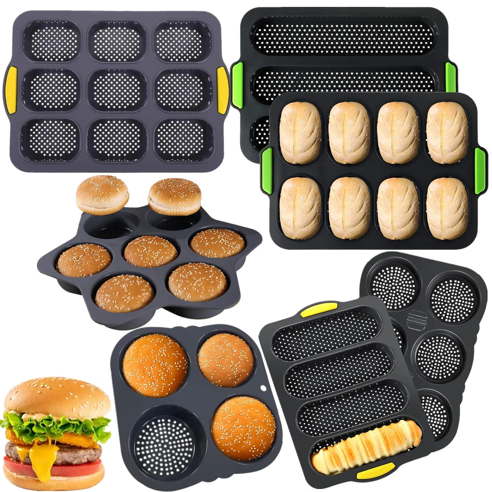 Non-Stick Silicone Hamburger Bun Mold - Food Grade Bread Loaf, Baguette and French Bread Baking Tray for Sandwiches
