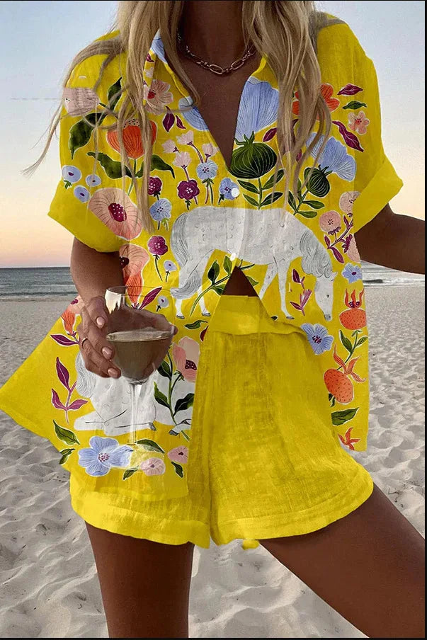 Women’s Summer 2-Piece Set – Lapel Short-Sleeve Shirt & Shorts, Elegant Loose Printed Outfit