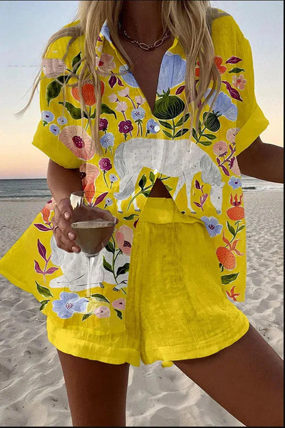 Women’s Summer 2-Piece Set – Lapel Short-Sleeve Shirt & Shorts, Elegant Loose Printed Outfit