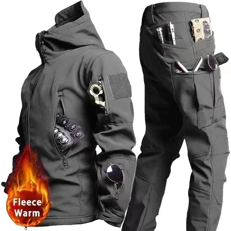 Men's Tactical Winter Set – Windproof Waterproof Soft Shell Jacket & Sharkskin Work Pants | Multi-Pocket Outdoor Suit