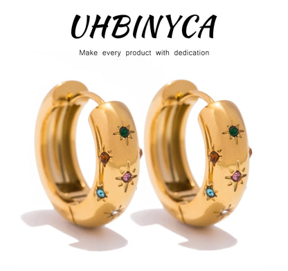 UHBINYCA Classic Zircon Inlaid Hoop Earrings — 18K Gold-Plated Stainless Steel, Elegant Jewelry for Women
